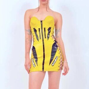 Namilia Yellow cone bust faux leather moto dress Medium